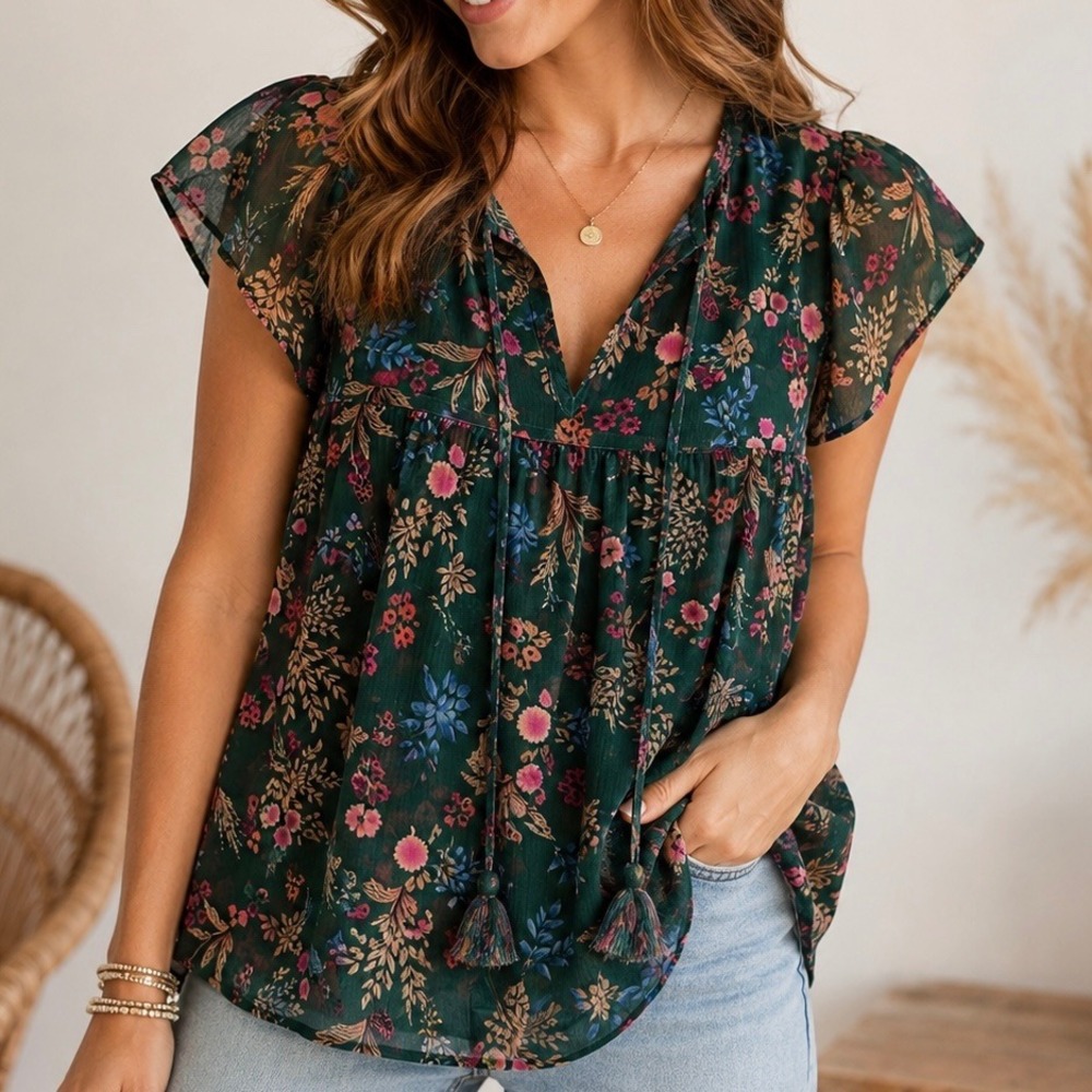 Everly for Francesca's Floral Boho Peasant Blouse Green Tassel Tie Women's S